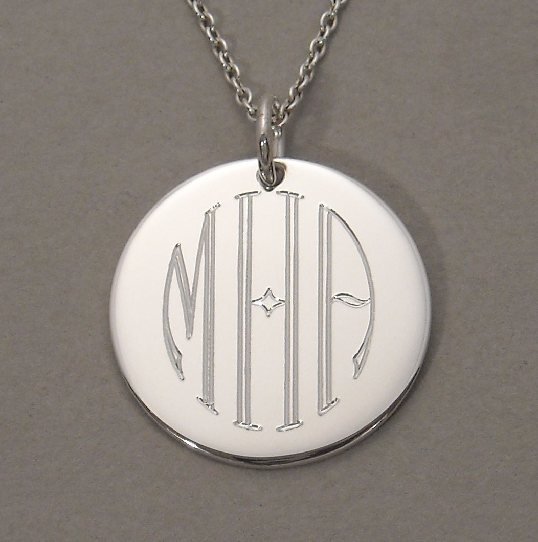 Circle monogram engraved monogram necklace triple initial pendant sterling silver 3/4 inch round disc charm- UDLCIR