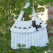 Handmade Lace Summer Bag Boho Pastel. Crochet purse made of acrylic in baby blue with chocolate brown satin ribbon.