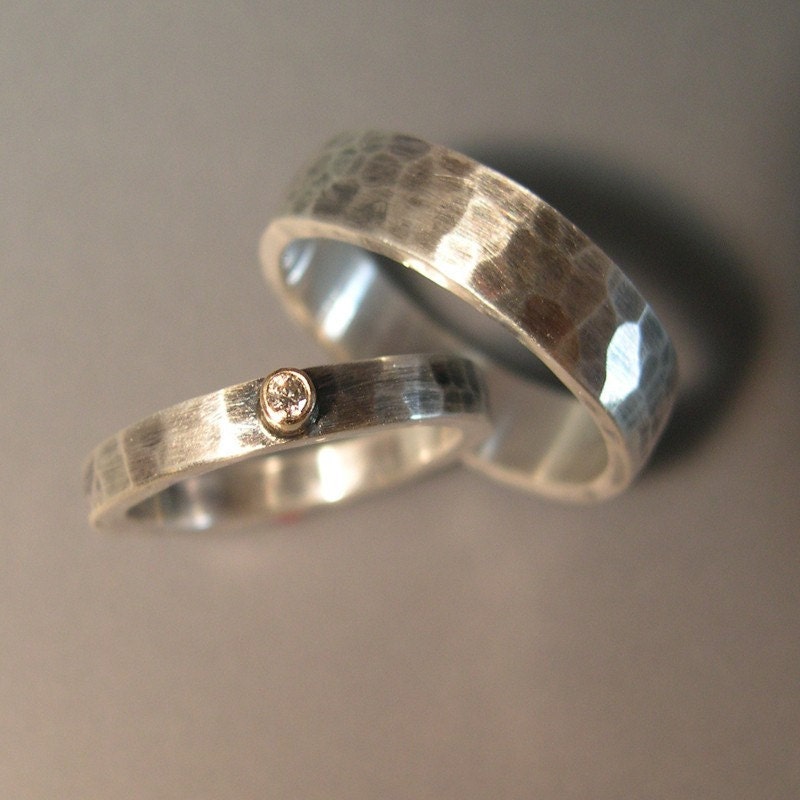 Hand Forged, Hammered, Wedding Bands - Sterling Silver, 14k Gold, Diamond