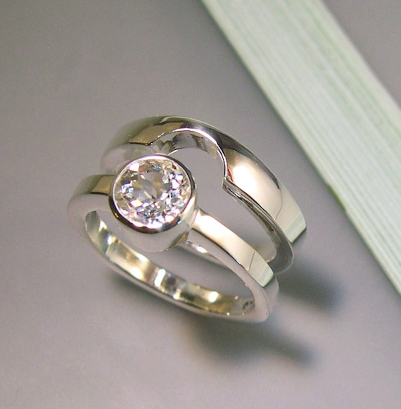 White Topaz Wedding Band Set, Sterling Silver