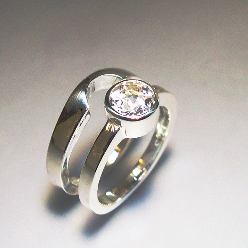 White Topaz Wedding Band Set, Sterling Silver