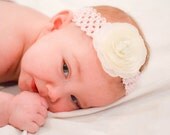 Baby Flower Headband- Light Pink Crochet Style Headband with a Single White Ranunculus Bloom