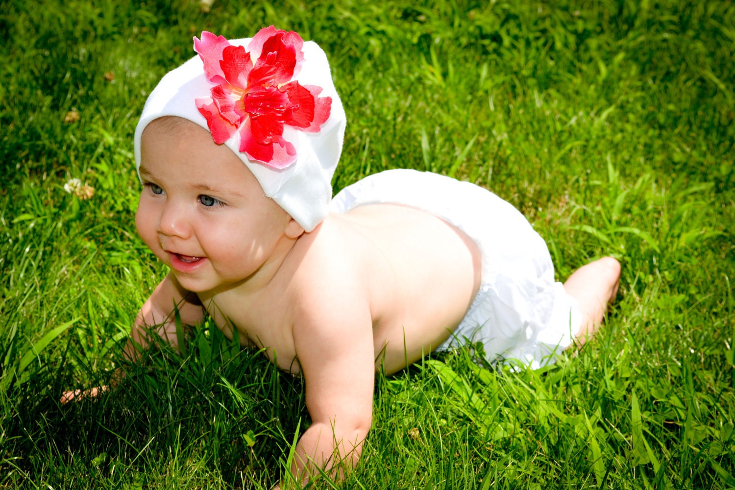 Baby Girl Hat-Beanie White Knit With Large Hot Pink flower and faux silver button center