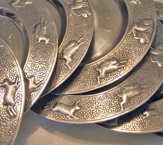 Arthur Court Bunny Rabbit Chargers, Vintage Set of 8 Aluminum Chargers, Vintage Arthur Court