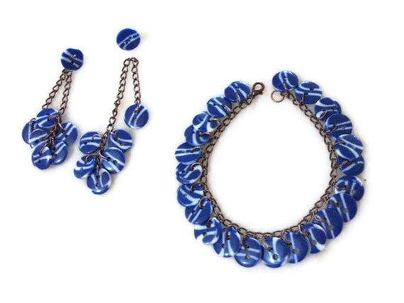 Blue Button Bracelet and Earrings