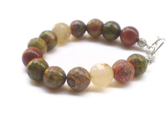 Unakite bracelet with Goldstone and Jade faceted beads