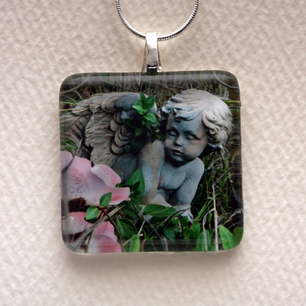 Baby Angel Necklace, Cupid, Photo Glass Tile Pendant: "Cherub in the Grass," Original Art