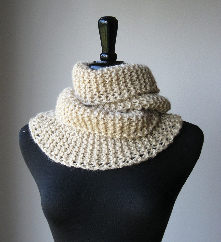 Golden Beige Color Handknitted Scarf Collar Necklet Scarflette with Black Cord