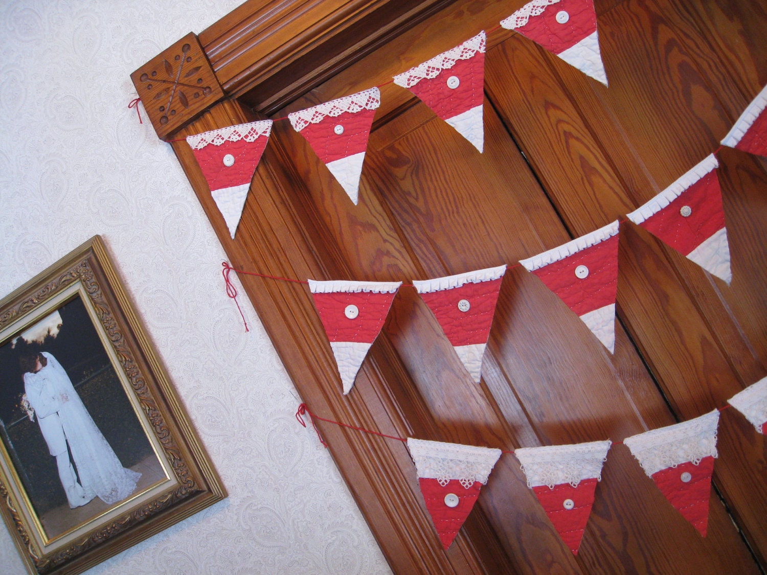 Red Pennant Banner Bunting Vintage Quilt Camping Garland Gift Celebrations Flags