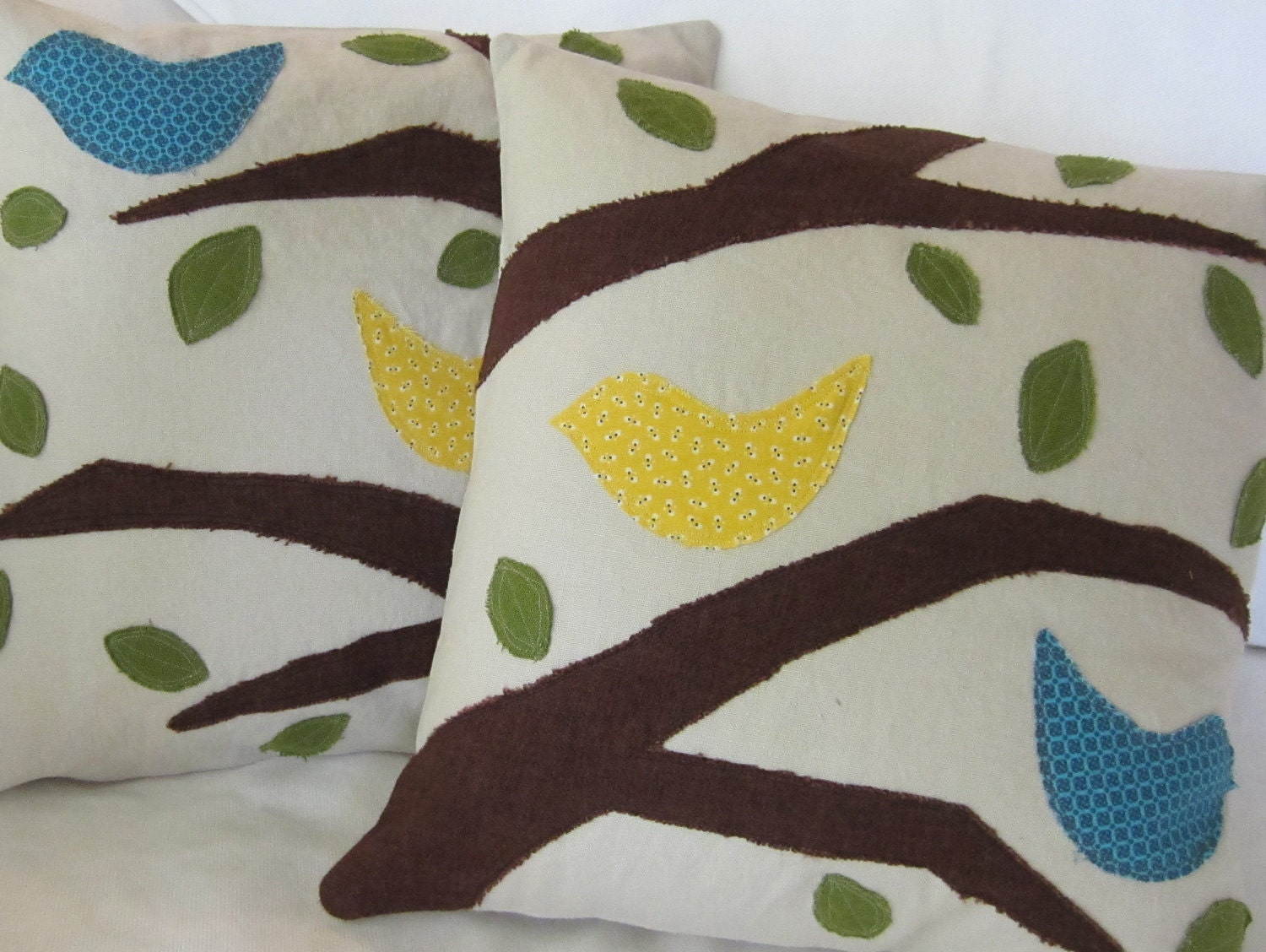 Pair of happy linen bird pillow covers