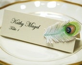 Ivory Wedding table name cards with Peacock Feather and rhinestone
