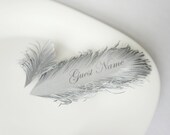 FEATHER place card - HANDmade of iridescent Silver paper, Name Printing Included