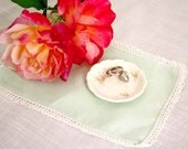 Vintage Handkerchief  Mint Green Linen Ivory Crocheted Edge