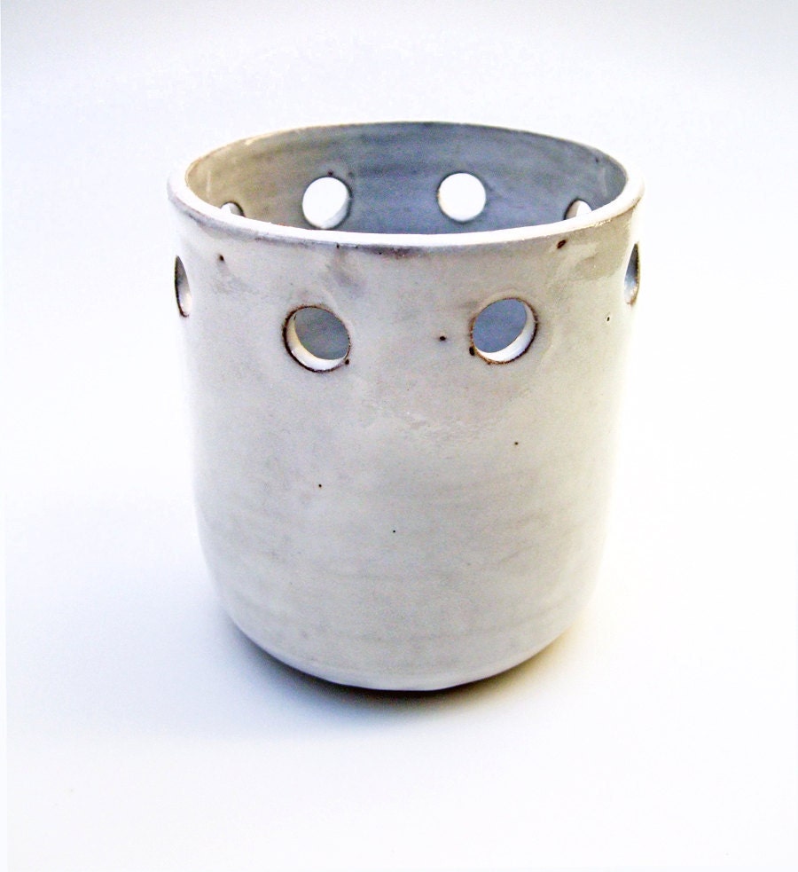 White Ceramic Vase, Planter, with Cutout Circles, Pottery