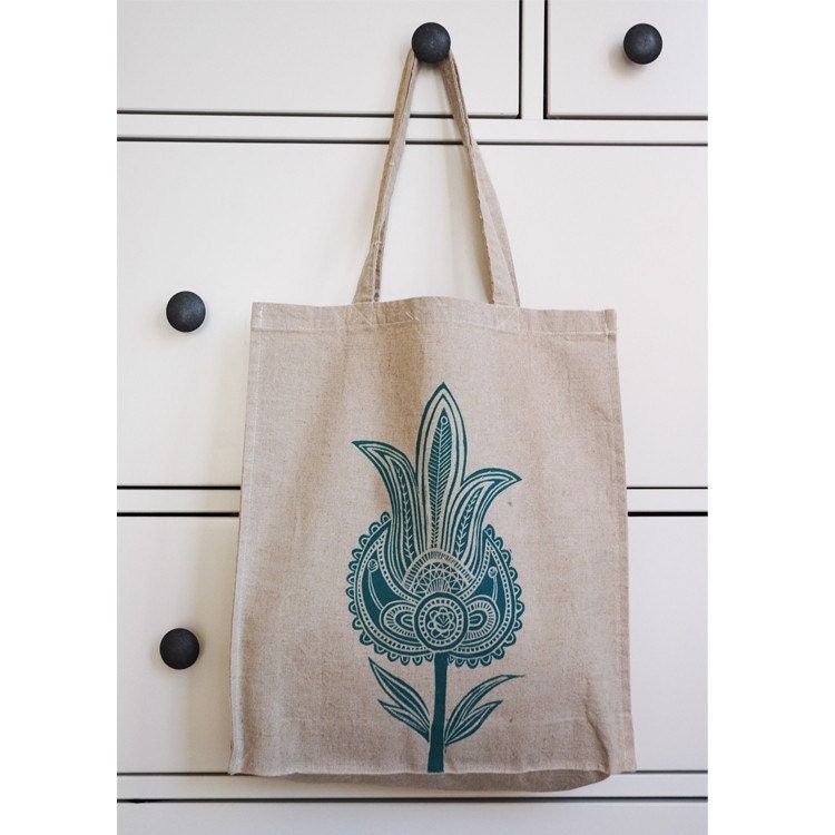 Block Printed Linen Bag with Turquoise motif