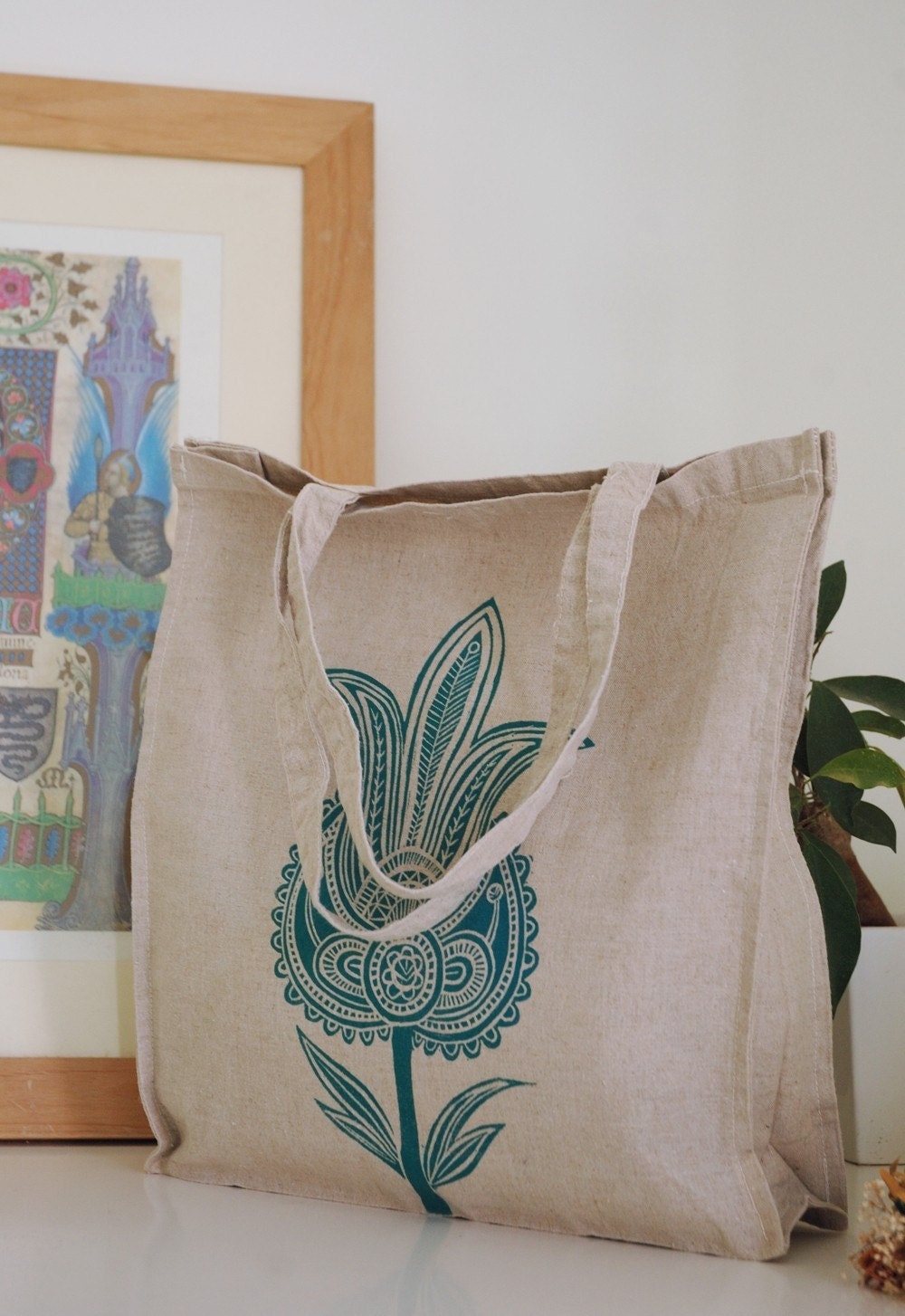 Block Printed Linen Bag with Turquoise motif