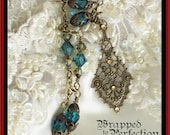 Victorian Teal & Antique Brass Necklace / Swarovski Crystal / Romantic Downton Abbey Renaissance Neo Victorian Tudor