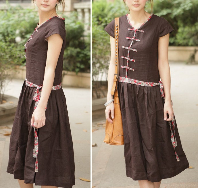 Chinese folk style button sundress in brown(more colour and size choice) -A1006