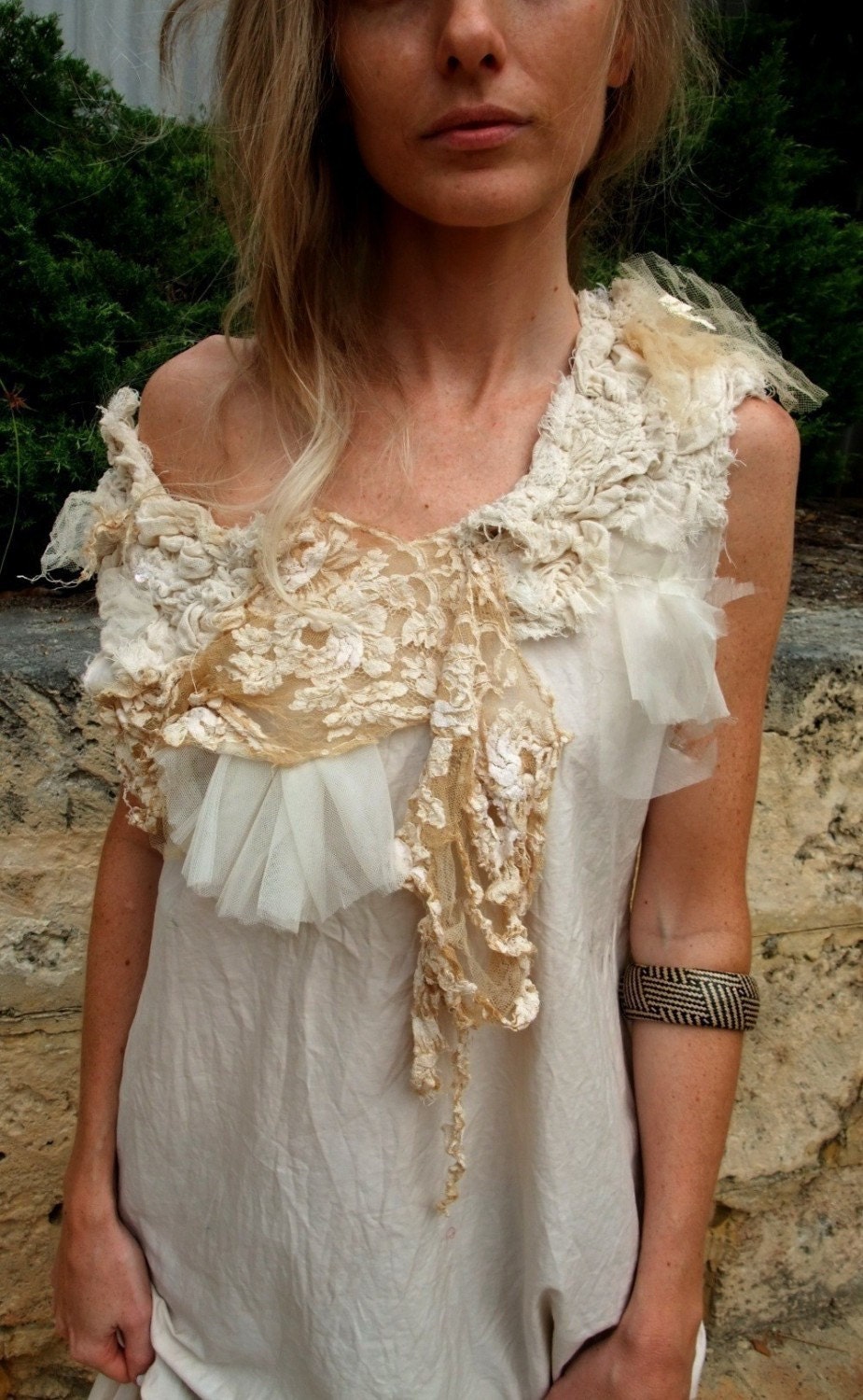 CUSTOM -  Shore Line and Rocks Dress - Textured and Gathered Natural tea stained sculpted Dress