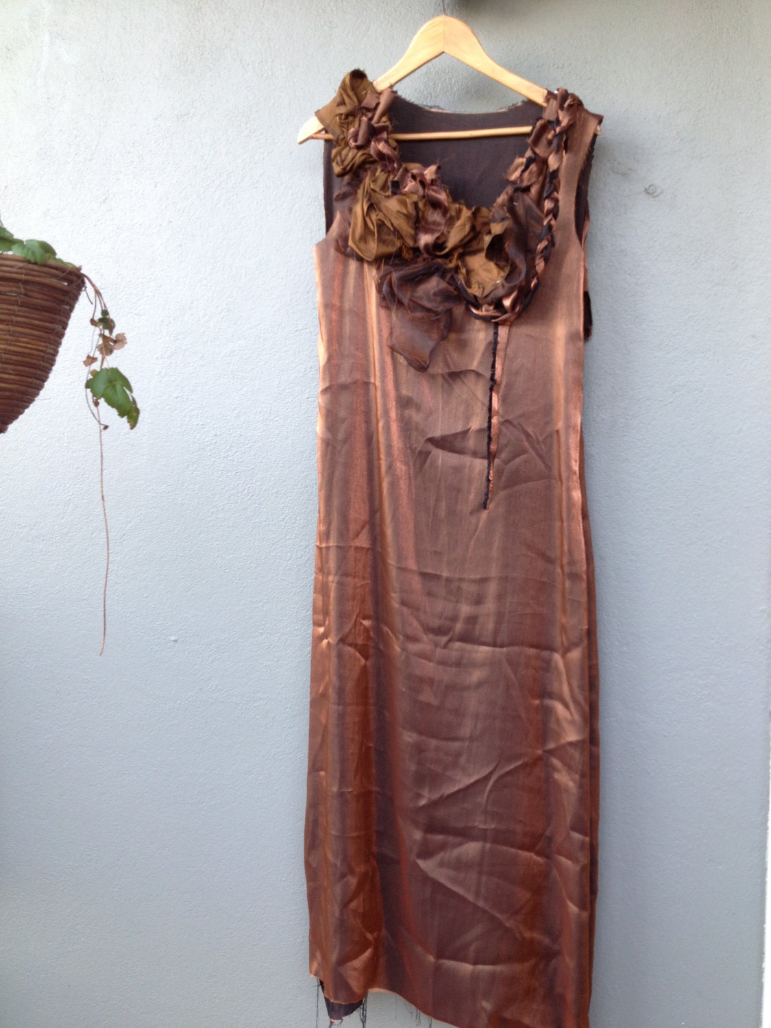 Autumn Leaves - Folded and Plaited Copper Maxi Dress. Brown silk and Jacquard Long dress. Long Brown rustic silk dress.