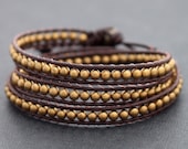 Leather Wrap Beaded Brass Bracelet