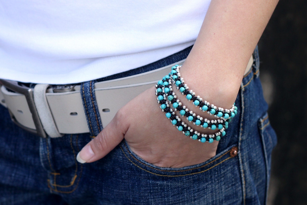 Turquoise Silver Beaded Warp Bracelet