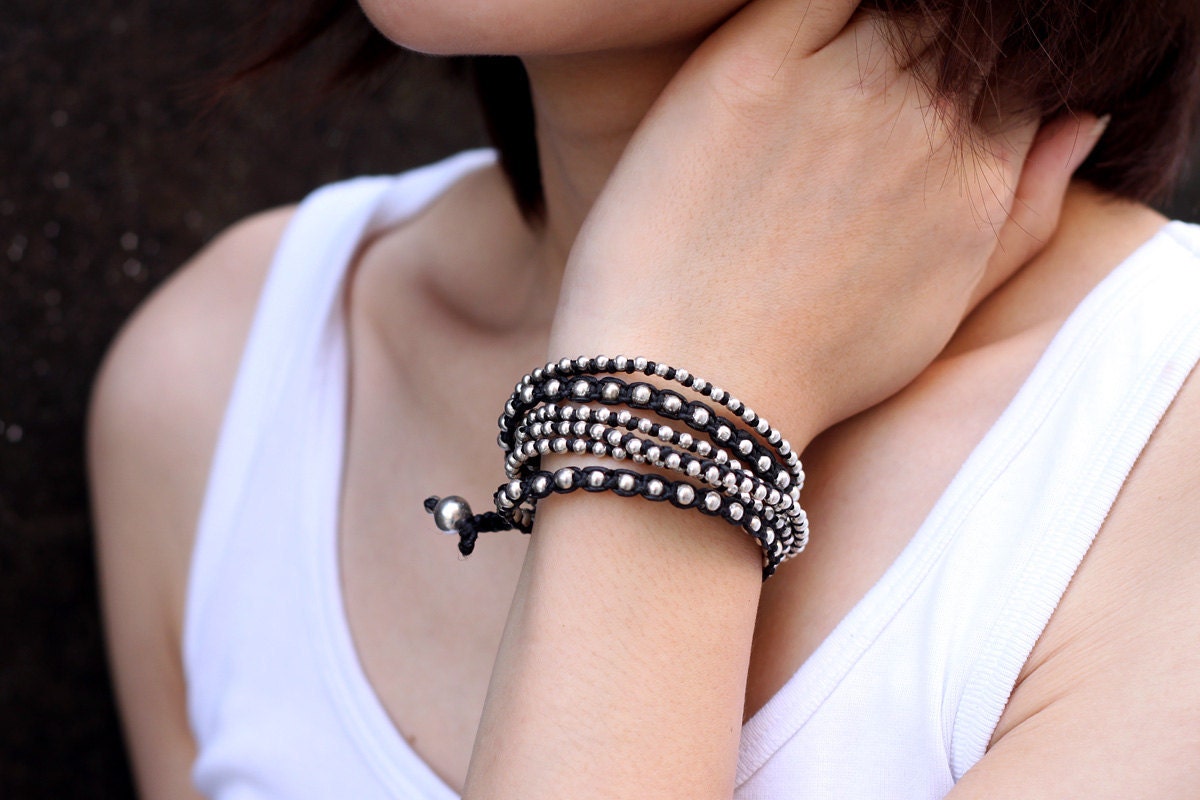 Black Boho Rock Warp Silver Bracelet Necklace