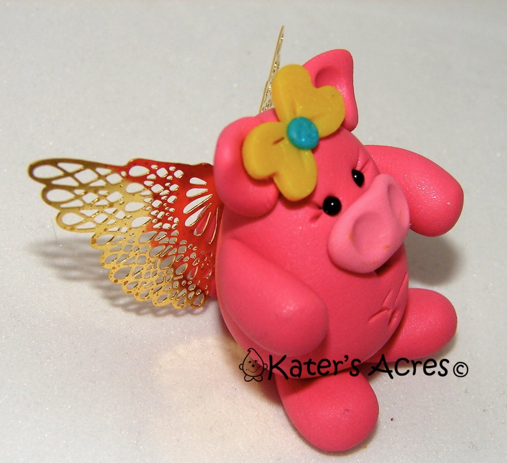 CHUBBY FLYING PIG with Golden Wings - Polymer Clay Animal - Made to Order
