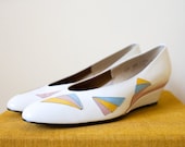 Vintage 1970s SHERBERT White Leather Wedge Heels Sz 7-8