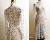 Vintage 1980s SILVER Gray Lace See Through Edwardian Dress s/m