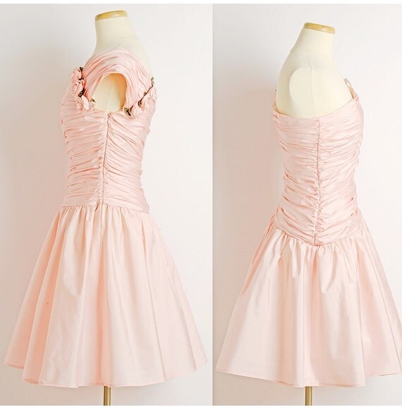 BALLERINA Pink Wedding Dress / Short Wedding Dress / Pink Prom Dress / Bridesmaid Dress / Vintage One Shoulder 1970s Pink Rose Dress