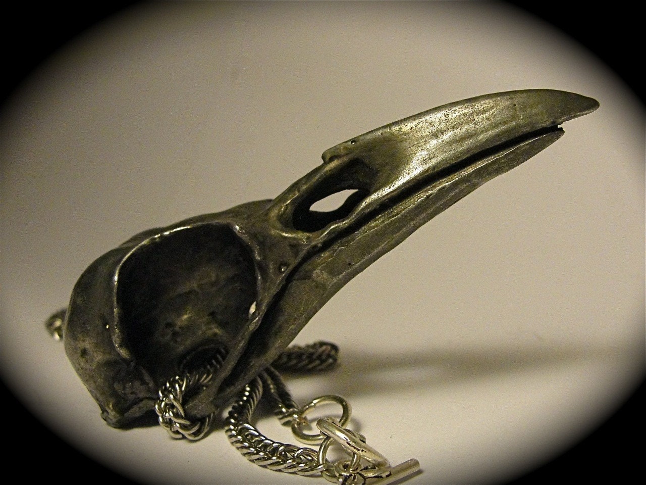 Flat-black crow skull necklace  life sized (oxidized black-metal, 24" black chain) Made in NYC