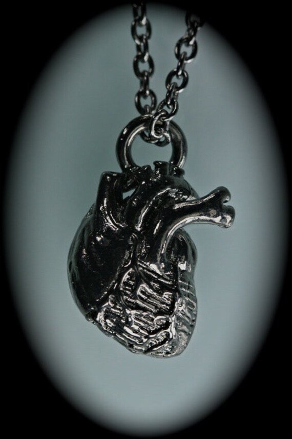 Little Black Anatomical Heart Necklace (Plated in jet-black gunmetal, 18" black chain, Made in NYC)