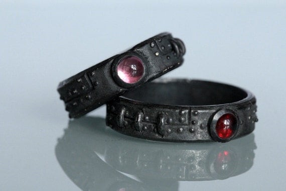 Steampunk wedding set Black Sterling Silver diamond red garnet pink tourmaline settings
