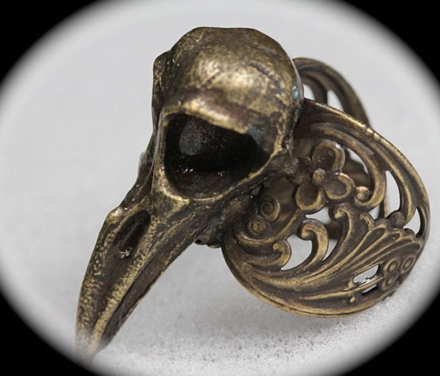 Raven Skull Ring sizes 4 to 11 Antique Bronze Plated Cast in NYC Blue Bayer