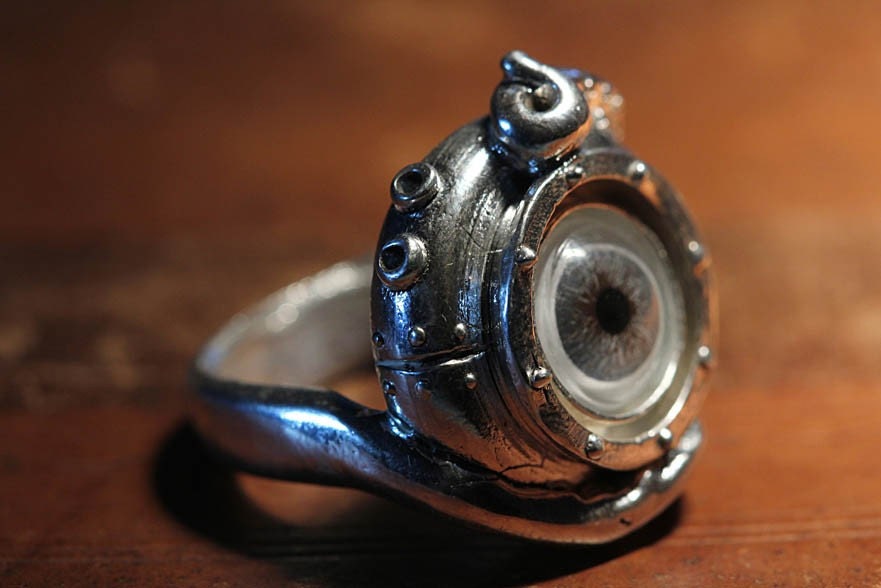 Evil Eye Sterling Tentacle Ring, Blue Human Eye, (made in NYC) sizes 4-11