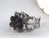 Antique Black Ring,Black Flower,Black Rose,Ring,Rose Ring,Antique Ring,Silver Ring,Resin Rose,Handmade jewelery by valleygirldesigns.