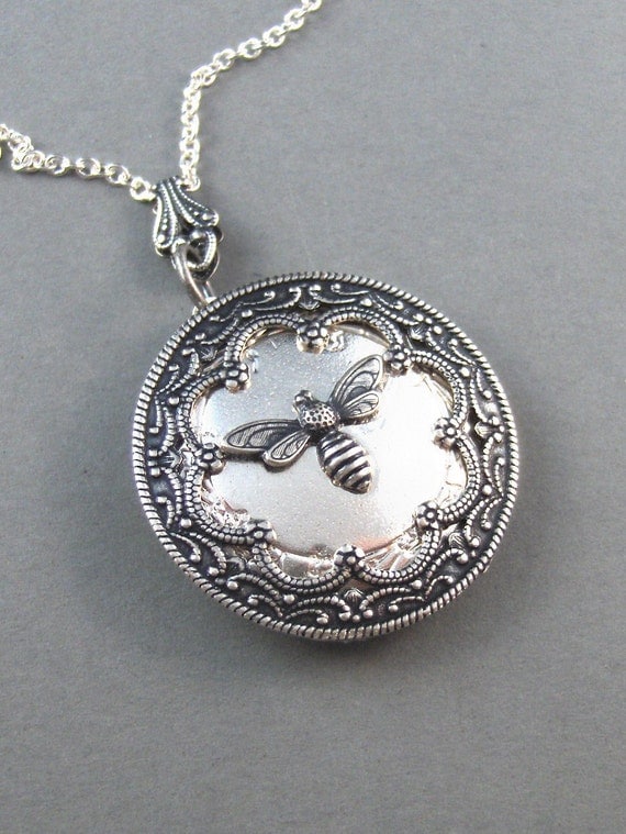 Queen Bee Silver Locket. Antiqued Silver,Charm,Wings,Honey,Mother. Handmade jewelery by valleygirldesigns on Etsy.