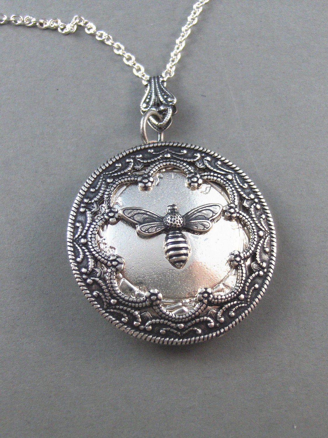 Queen Bee Silver Locket. Antiqued Silver,Charm,Wings,Honey,Mother. Handmade jewelery by valleygirldesigns on Etsy.