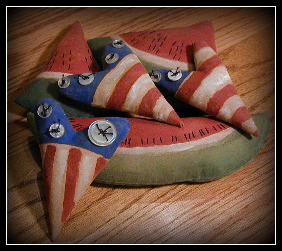 Primitive Flag Hearts and Watermelon Tucks or Ornies