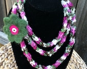 Knitted Scarf Necklace Green, Pink And Brown