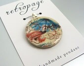 Pendant, Blue Jellyfish, Handmade Decoupaged, FREE SHIPPING