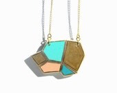 geometric necklace wooden pendant aqua gold peach