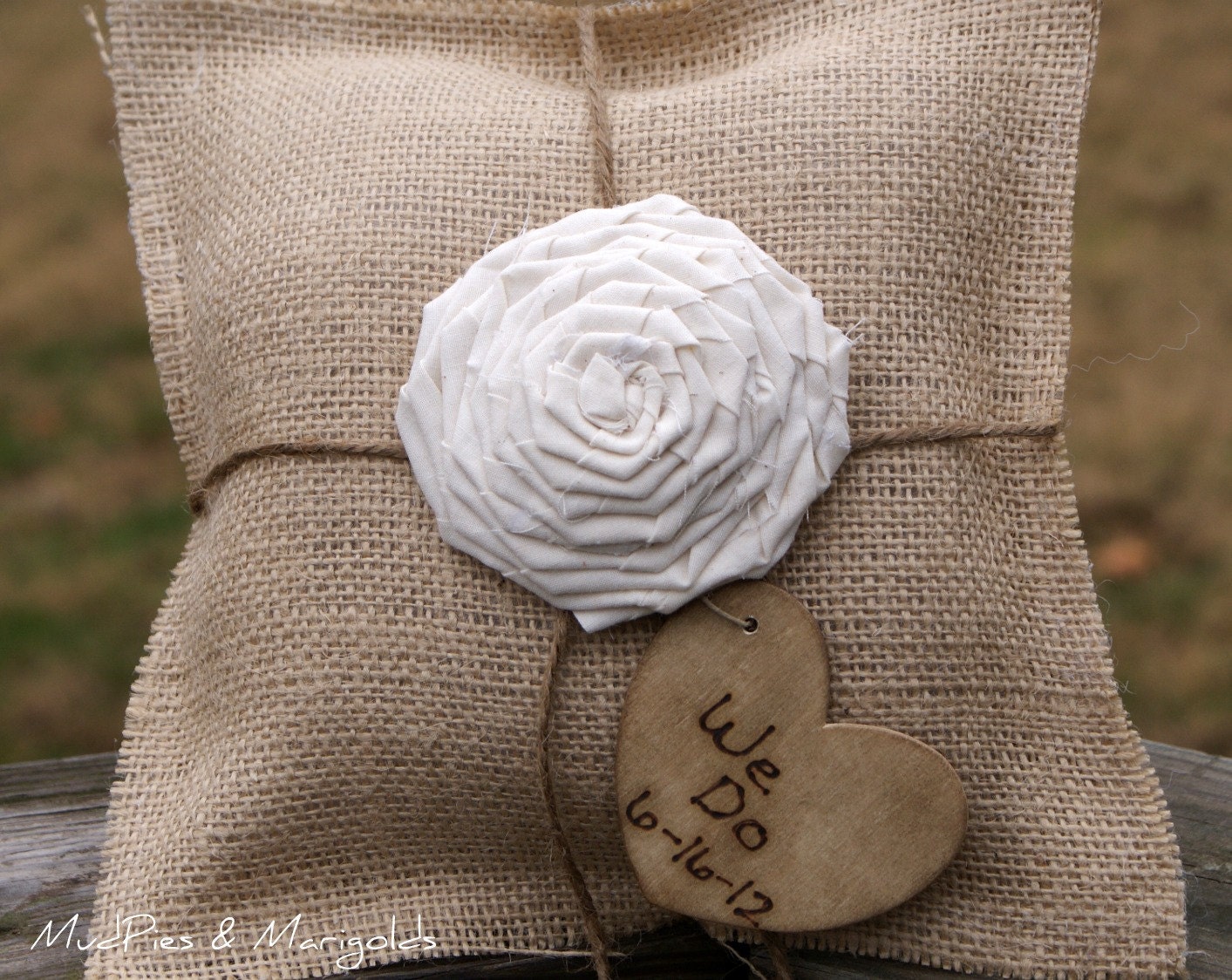 PERSONALIZED Burlap Ring Bearer's Pillow with Large Fabric Rosette