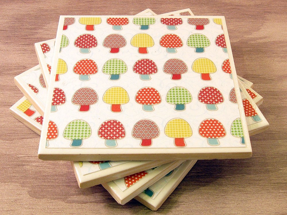 Handmade Coasters Set of Four - Mushrooms