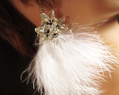 White Feather and vintage bead bridal earrings
