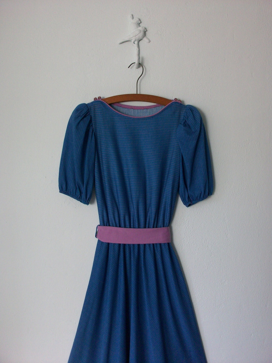 80s Sweetheart Dress ... Vintage 1980s Blue Jersey Knit Frock ... Small / Medium