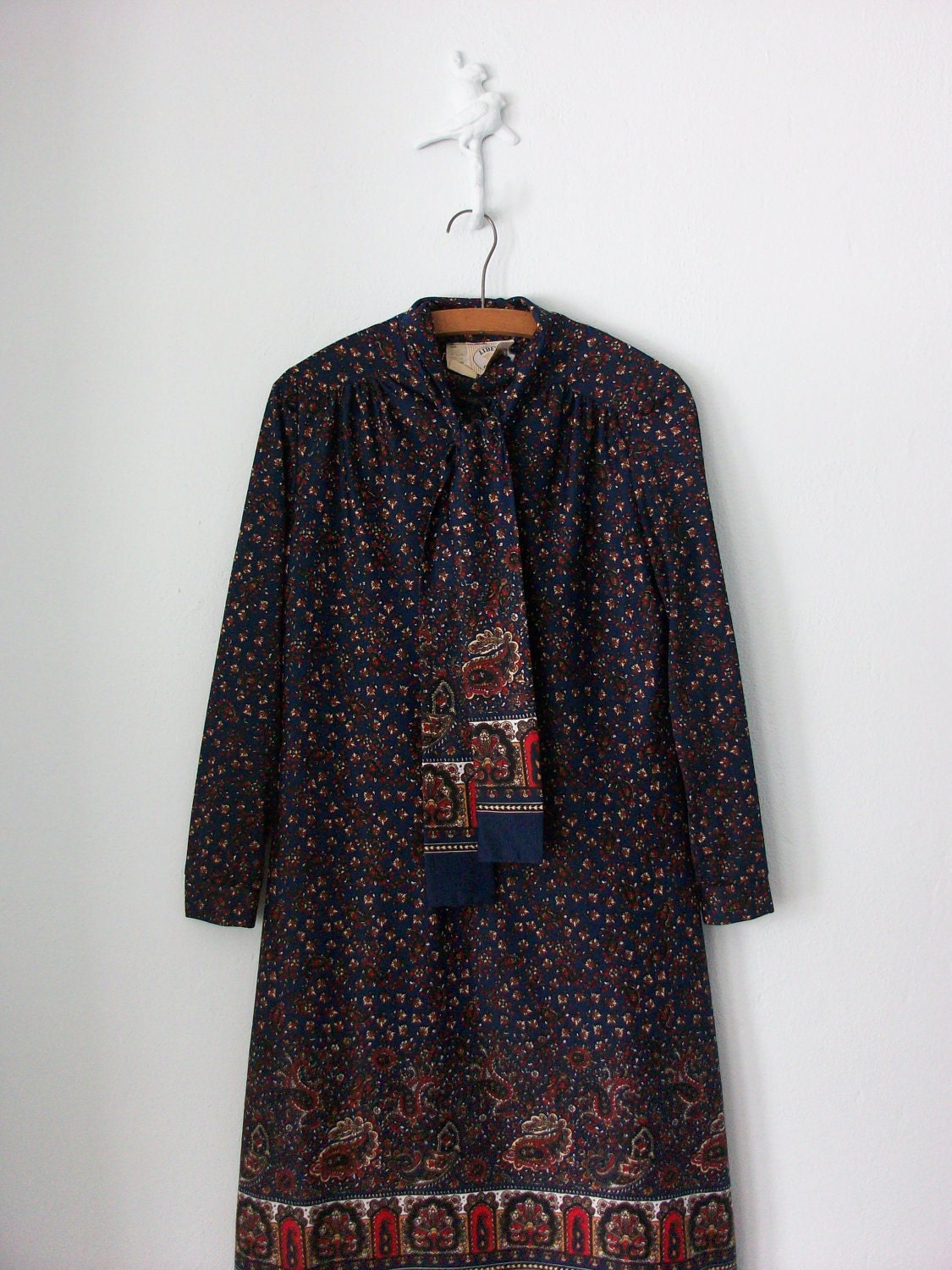 70s Ascot Dress .. Vintage 1970s Navy Blue Paisley Midi ... Medium / Large