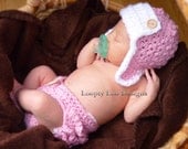 Newborn Photo Prop Girl,  Aviator Hat & Ruffled Diaper Cover Set, Pink, White - Sizes NEWBORN TO 12 MONTHS  -more colors available