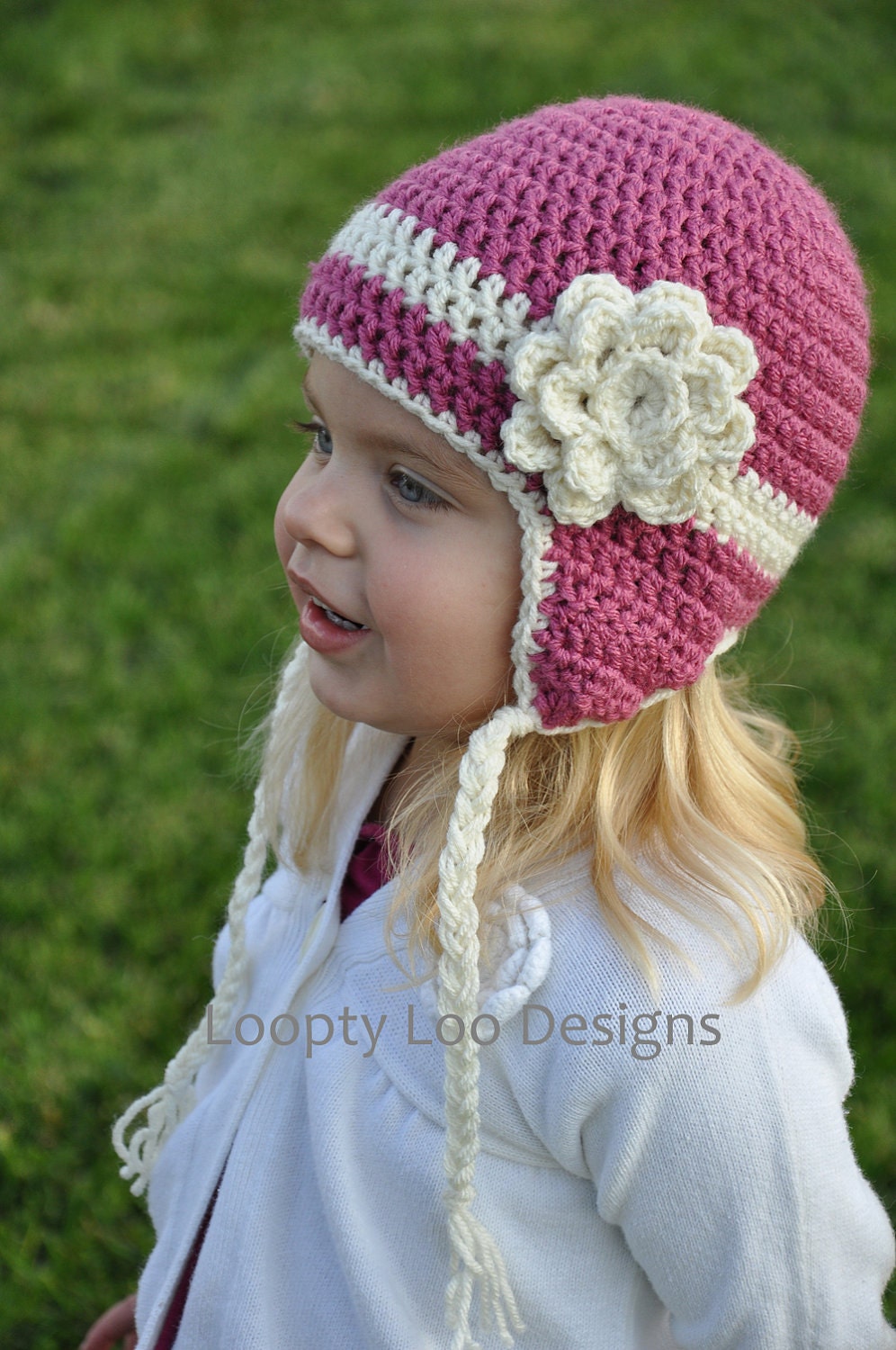 Girl Crochet Earflap Hat With Flower, Striped hat, girls hat,  pink cream, newborn photo prop, warm hat -Sizes 12 MONTHS AND UP -more colors